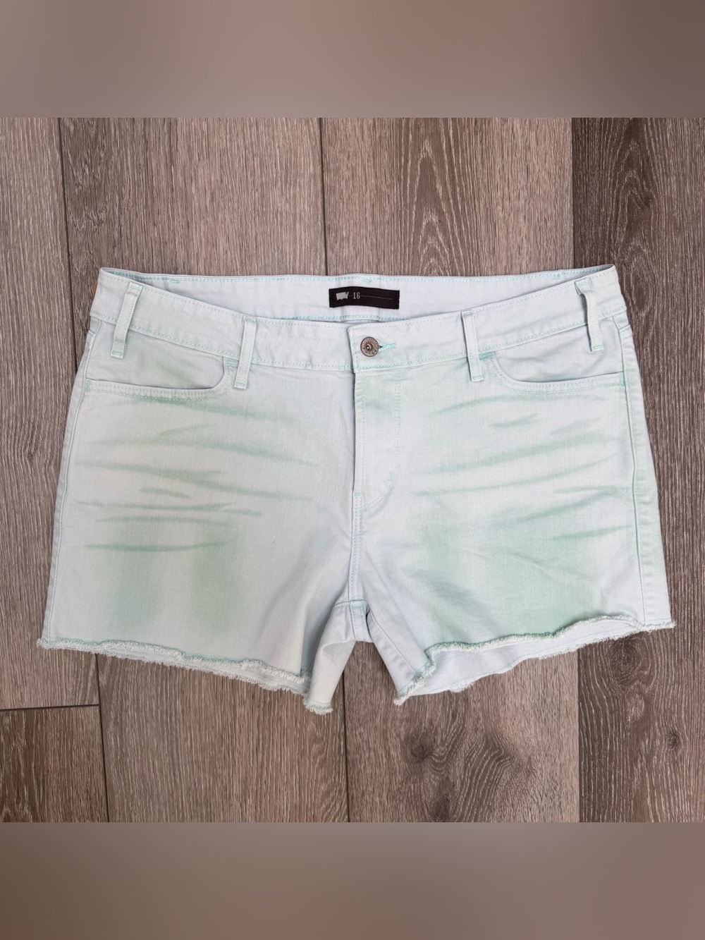LEVIS PASTEL MINT GREEN FRAYED DENIM CUTOFF SHORTS WOMENS 16 STRETCH 5 POCKETS